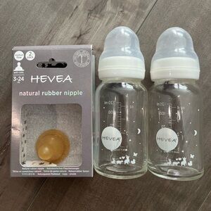 Two Hevea Glass 4 oz. bottles & one unused nipple